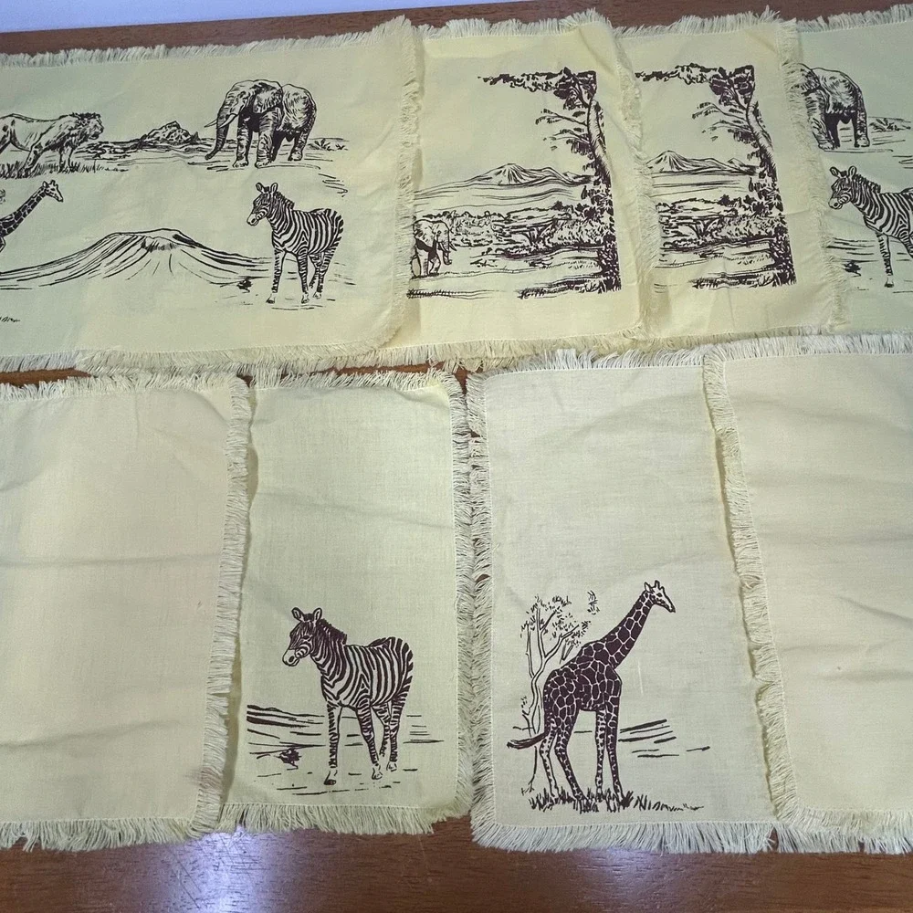 Safari Animal Placemat and Napkin Set 8pc Yellow Fringed Savanna Decor